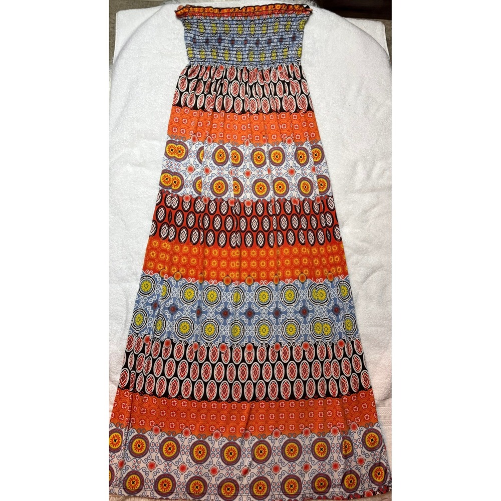 Boho Strapless Smocked Maxi Dress Orange Blue Geometric Medallion Print Large